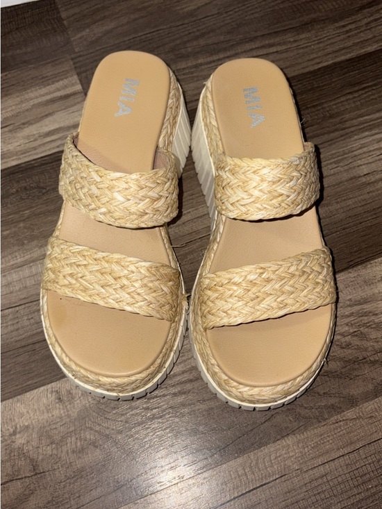 MIA Shoes - MIA Two-Strap Braided Beige Platform Wedge Sandals